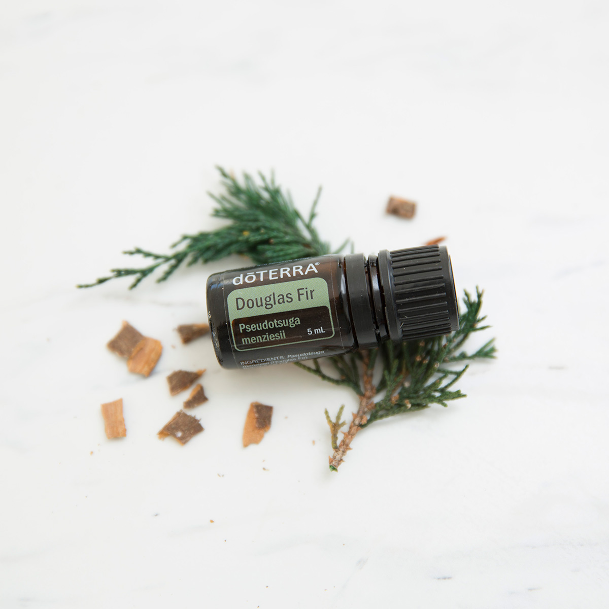 Bottle of Douglas Fir essential oil, fir branch, small pieces of wood. What are the benefits of Douglas Fir essential oil? Douglas Fir oil is good for the skin, creates an uplifting atmosphere, and can help to purify the air.